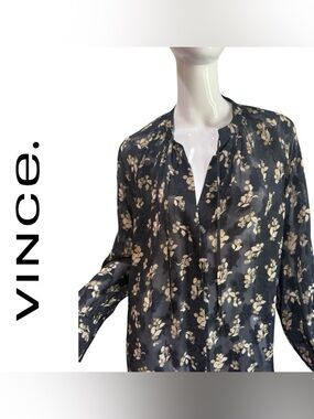 VINCE 100% Silk Dark Floral Burnout Sheer Top